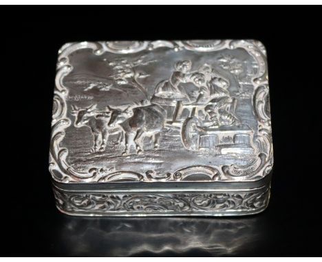 Late 19th Early 20thC Silver German Snuff Box, Embossed Hinged Cover Depicting A Farming Couple, Fully Hallmarked Possibly Fo