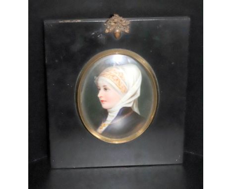19thC Oil On Porcelain Depicting A Continental School Lady In White Dress And Scarf Wearing A Crucifix, Labels To Verso A L'I