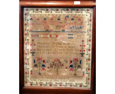 Tapestry Sampler, With The Alphabet, Poem And Design, Created By Elizabeth Yoward, 1958, In Wooden Frame 