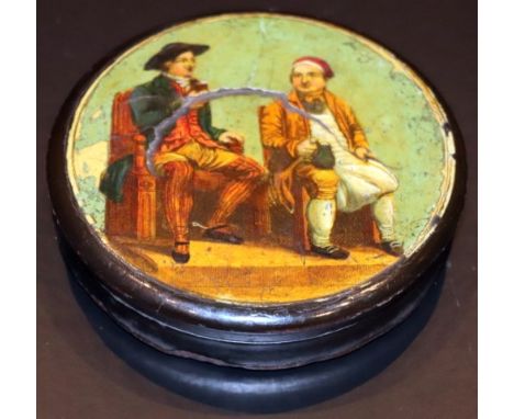 Circular Papier Mache Snuff Box, The Lid With Picture Showing Tam O Shanter &amp; Souter Johhny, Diameter 3.5 Inches, Makers 