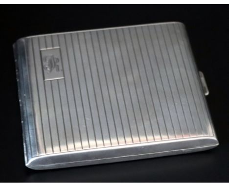 1930's Silver Engine Turned Cigarette Case with Regency Stripe Decoration to Front and Back, Gilt Interior. Marked 800 Silver