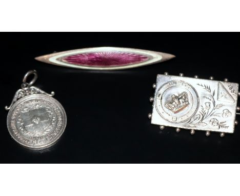 Edwardian Silver And Enamel Brooch, Hallmarked Birmingham 1912, Together With Silver Miniature Rifle Association Medal And Si