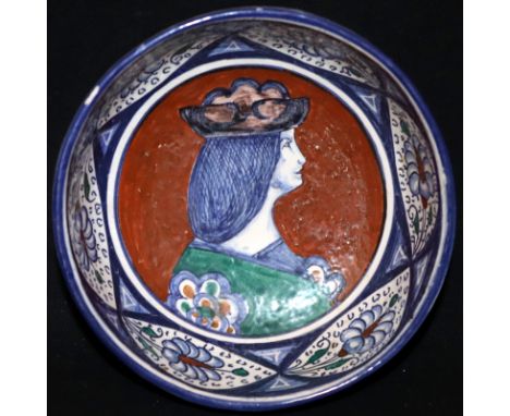 Early 20thC Italian Faience Bowl With Central Painted Portrait, Diameter 5 Inches, MF Monogram To Base 