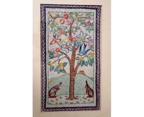 Framed Tapestry, Depicting Tree With Hares And Birds