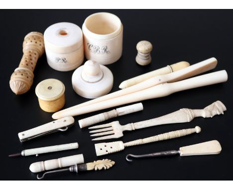 Collection Of 19thC Ivory Oddments, To Include Sewing Related, Lace Hooks, Fork, Glove Stretcher etc