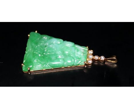 18ct Gold & Diamond Mounted Carved Jade Pendant, 42x23mm 