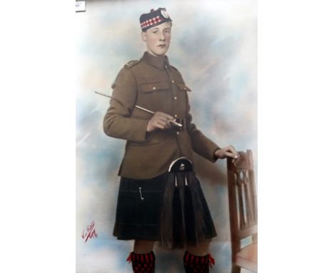 Military Interest, A Rare Large Sized Photograph Highlighted In Colour Of A Young scottish Soldier in Full Military Dress, Ho