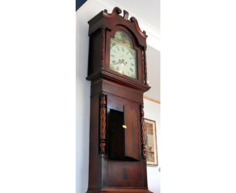 Mahogany Longcase Clock, Arch Painted Dial, Two Weight 8 Day Movement, Barley Twist Supports, The Hood With Broken Pediment.