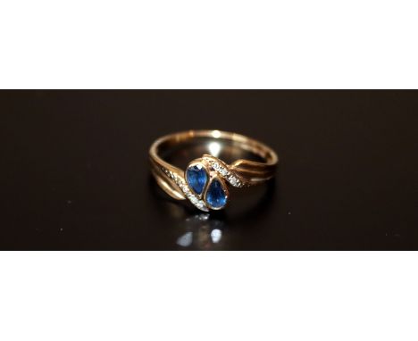 Ladies 9ct Gold Dress Ring Set With 2 Pear Cut Sapphires And Diamond Chips, Fully Hallmarked, Ring Size R 