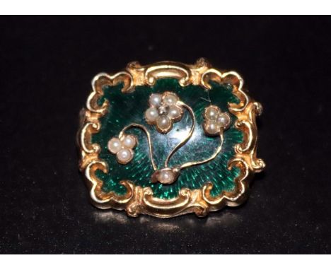 Art Deco Gold Brooch, Green Enamel Front With Seed Pearl Flower Design, Glazed Compartment To Reverse, 30 x 33mm