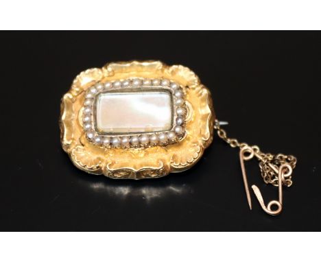 High Carat 1830's Brooch Inlaid With Mother Of Peal Surrounded By Seed Pearls, Engraved To Reserve 'The gift of my father in 