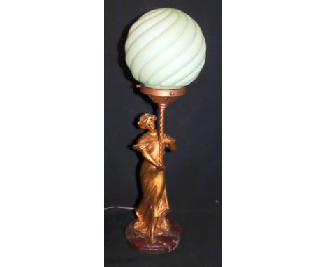 Art Nouveau Gilt Metal Figural Lamp, Depicting A Classical Maiden, Signed And Raised On a Marble Base, With Lime Green Fluted