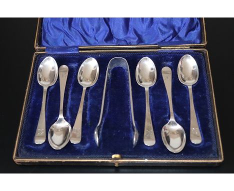 Set Of 6 Silver Teaspoons In Fitted Case With EPNS Sugar Tongs, Fully Hallmarked For Sheffield 1914, Makers Mark For Cooper B