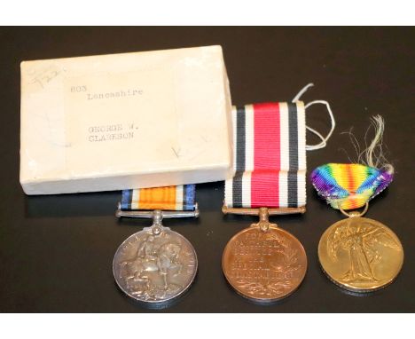 Pair Of WW1 Military Medals, Awarded To 23551 Pte G  W Clarkson L.N  Lan R Together With A Faithful Service In The Special Co