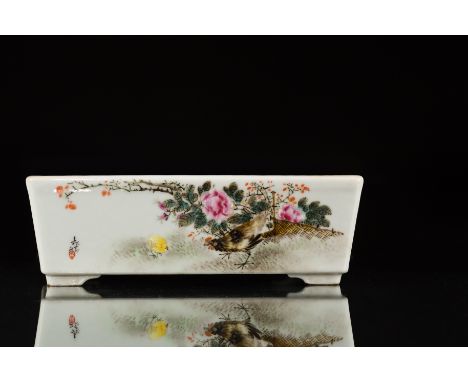 A Chinese porcelain rectangular planter, by Yu Song Qin, circa 1960, decorated fowl to one side, birds among branches to the 