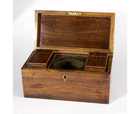 A Regency rosewood rectangular tea caddy, fitted with boxes, 31cm wide