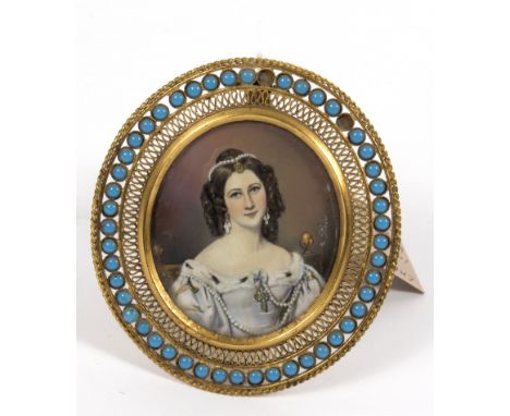After Carl Steiler/Portrait of Charlotte Von Hagen/half-length/signed/miniature on celluloid, 6cm x 5cm/in a brass mount and 