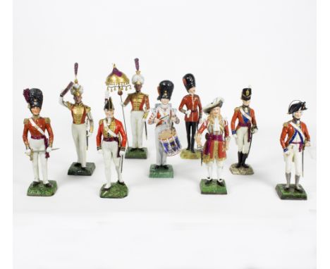 Nine German porcelain figures of guardsmen, including Tambourine 1st Guards, Drummer 1832, Coldstream Guards Captain Full Dre