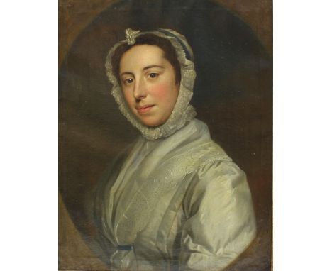 Late 18th Century English School/Portrait of a Lady/wearing a lace bonnet and white dress/oil on canvas, 59cm x 46cm