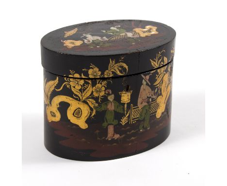 A 19th Century Japanese black and coloured lacquer oval tea caddy decorated figures on a terrace