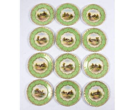 A set of twelve various Royal Worcester cabinet plates, painted local villages to include Welford on Avon, Offenham and Elmle