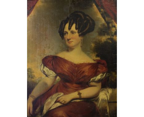 19th Century Scottish School/Portrait of a Lady/wearing red dress and bracelets/oil on canvas, 89.5cm x 69cm   Condition Repo