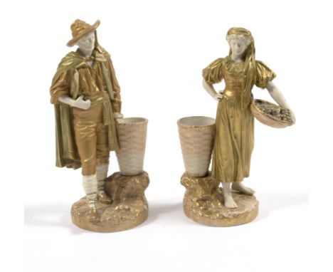 A pair of Royal Worcester porcelain figures of grape harvesters, modelled by James Hadley, shape no 133/H and 138/H, date cod