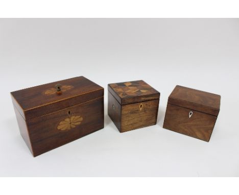A rectangular tea caddy, a smaller tea caddy and a string box