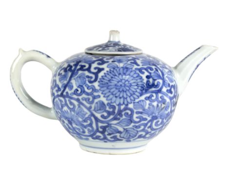 A Chinese blue and white teapot, Yongzheng, of globular form with octagonal spout, decorated foliate scrolls/see illustration