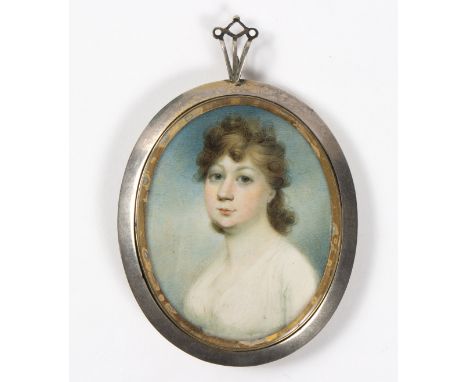 English School, circa 1800/Portrait Miniature of a Lady in a White Dress/within a white metal frame with woven hair panel to 