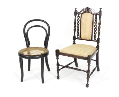 A child's early 20th Century chair with upholstered seat and padded back, a child's bentwood chair and an oval gilt brass fir