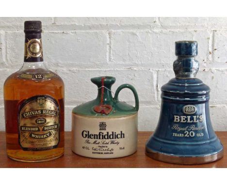 3 Bottles (incl. one 1.14 Litre) Whiskies from 1970’s comprising : 1 x 75cl Crock Bottle Jug Glenfiddich Pure Malt Scotch Whi