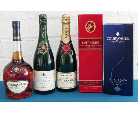 5 Bottles Mixed Lot Cognac and Champagne comprising: 1 bottle Remy Martin “Napoleon” Cognac, 1 bottle Courvoisier VSOP Cognac
