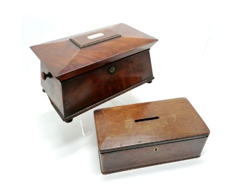 Antique flame mahogany veneered tea caddy with mother of pearl detail to lid - 35cm x 18cm high ~ has losses t/w a box ~ both