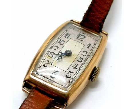 Omega Art Deco (1932) ladies gold Dennison tonneau cased manual wind wristwatch - case 2.5cm long &amp; slight dent to case &