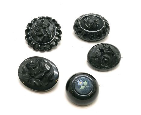 5 x antique jet brooches - 4 with hand carved designs &amp; largest 4.8cm diameter ~ the brooch with hand painted enamel glas