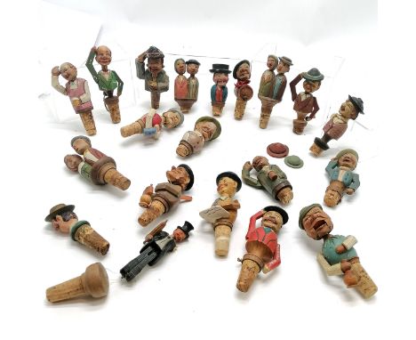 20 x novelty vintage continental carved wooden bottle stoppers - some with moving features inc kissing couple &amp; man raisi