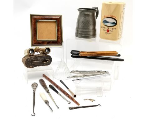 Mother of Pearl opera glasses cased, Isle of Skye whisky water jug, silver handled and 2 other glove hooks, 4 propelling penc