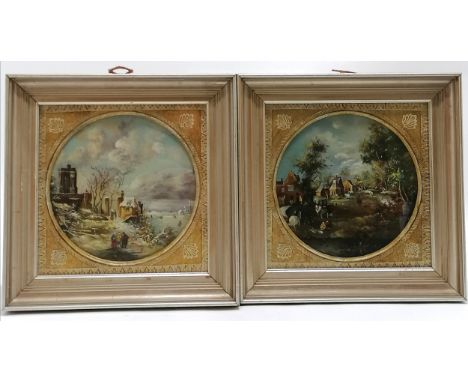Pair of continental vintage pastoral scenes painted on copper (1 signed with monogram) - frame 23cm square 