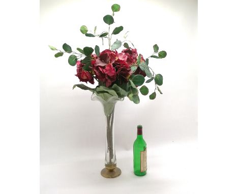 Large glass vase with bronze base with a display of silk flowers total height 90cm 