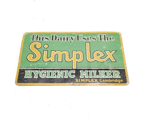 Vintage Simplex : hygenic milker advertising sign - 31.5cm x 18cm - used condition