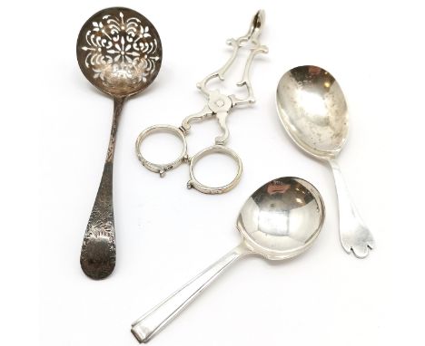 Silver - scissor action sugar tongs with shell bowls, 2 caddy spoons &amp; Victorian sifting spoon (12.5cm) with engraved det