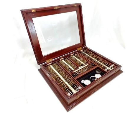 Antique opticians mahogany cased (with bevelled glass) set of eye test lenses with other tools ~ 56cm x 44cm