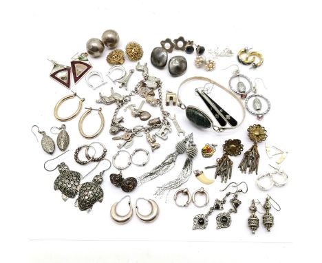 14 x pairs of silver earrings (48g) t/w qty of costume earrings, silver charm bracelet with charms, bangle etc - SOLD ON BEHA