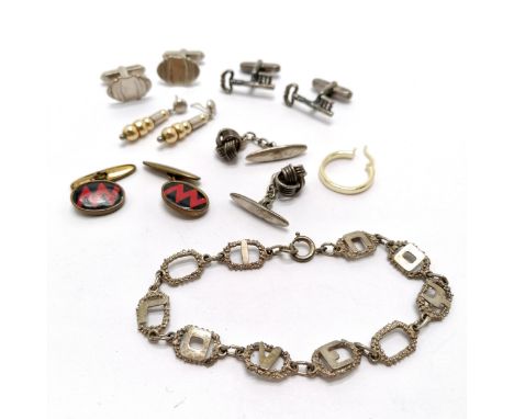 3 x pairs of silver cufflinks (inc key) t/w silver marked earrings &amp; 'I Love You' bracelet (unmarked) etc - total weight 