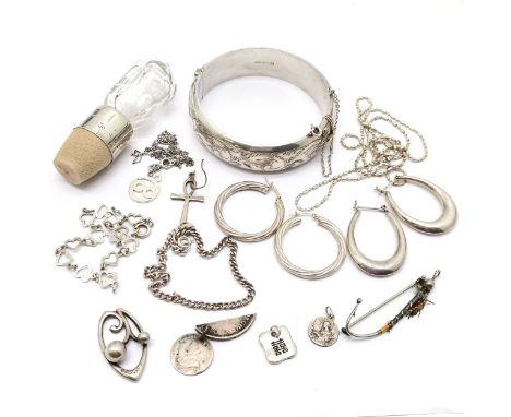 Qty of scrap silver to include 1908 Charles Horner hallmarked hat pin (pin broken) C.P.S hallmarked bangle (with dents), anti