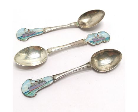 3 x 1932 silver teaspoons with shipping enamel ends - 2 x Llandovery Castle &amp; Llangibby Castle - 10.5cm &amp; total weigh