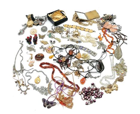 Qty of costume jewellery inc antique, 3d coin bracelet, Monet mother of pearl pendant on chain, Lucite brooch, Grosse floral 
