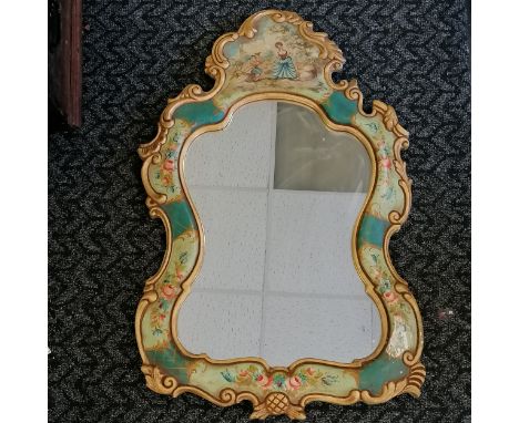 Vintage hand painted ornate wall mirror with courting couple detail to top - 84cm x 54cm ~ has slight losses to paint detail