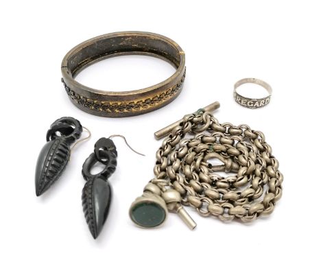 Pair of antique hand carved jet drop earrings - 5cm drop, silver REGARD ring (size Q), unmarked silver gilt bangle (25g) &amp